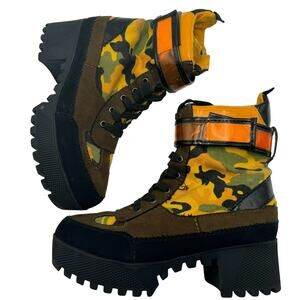 BAMBOO Womens 7.5 yellow orange black camo combat boots chunky platform heel 90s